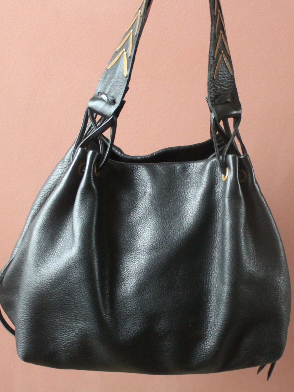 Calleen Cordero Black Leather Satchel with Gold Stud Detailing on Straps